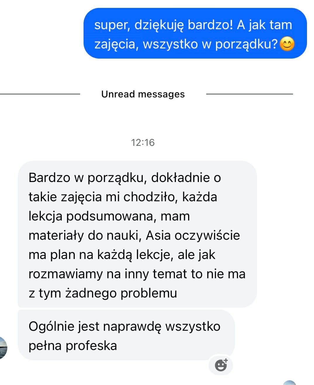 Wiadomość od uczennicy Piotr — opinia o lekcji w OktiFly
